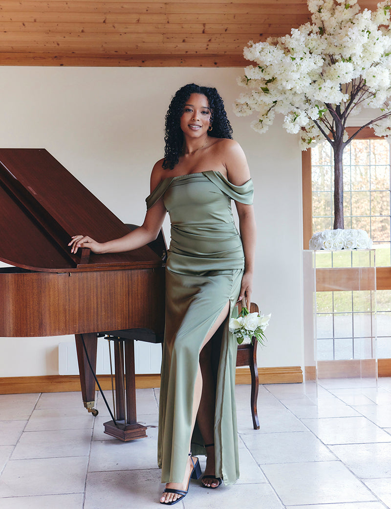 Olive Satin Bardot Ruched Maxi Dress