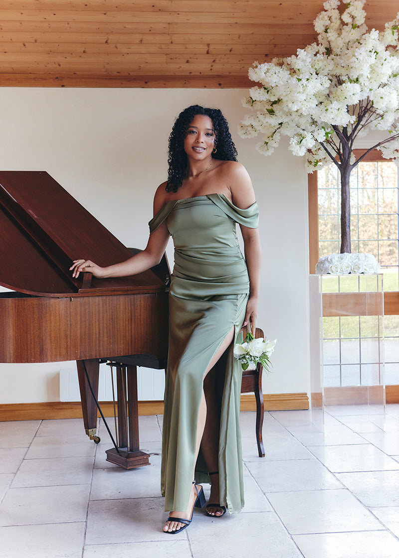 Olive Satin Bardot Ruched Maxi Dress
