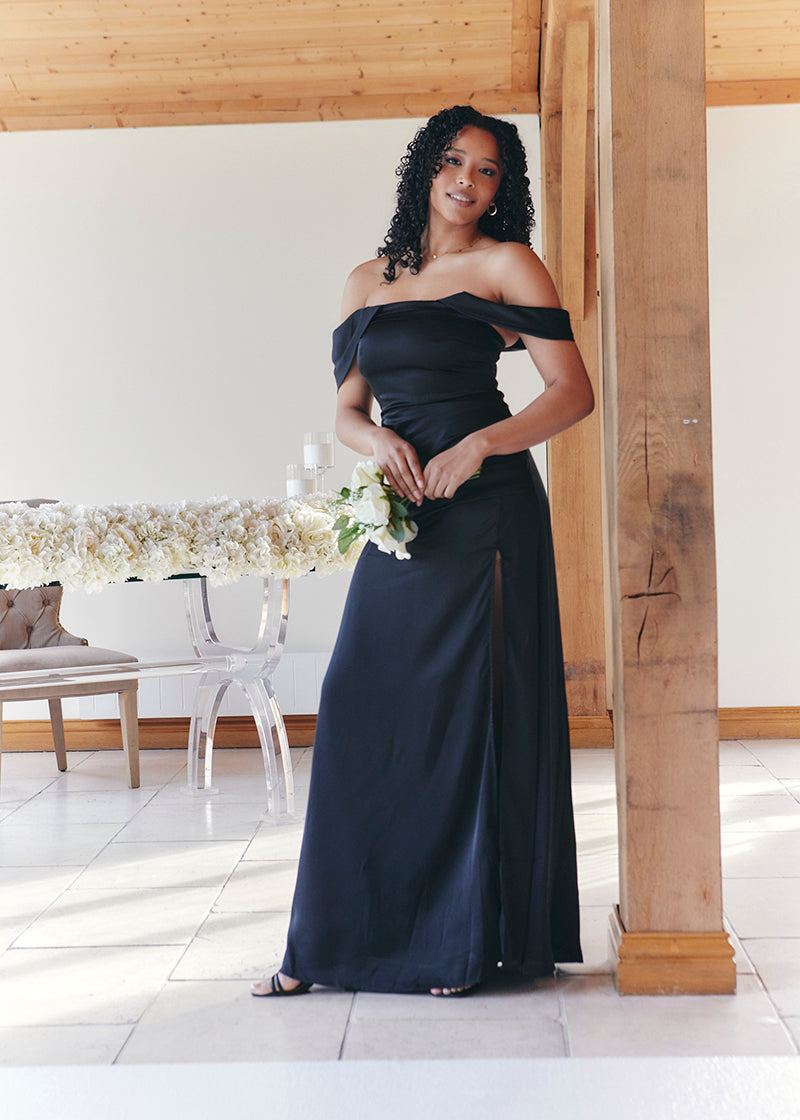 Black Satin Bardot Ruched Maxi Dress