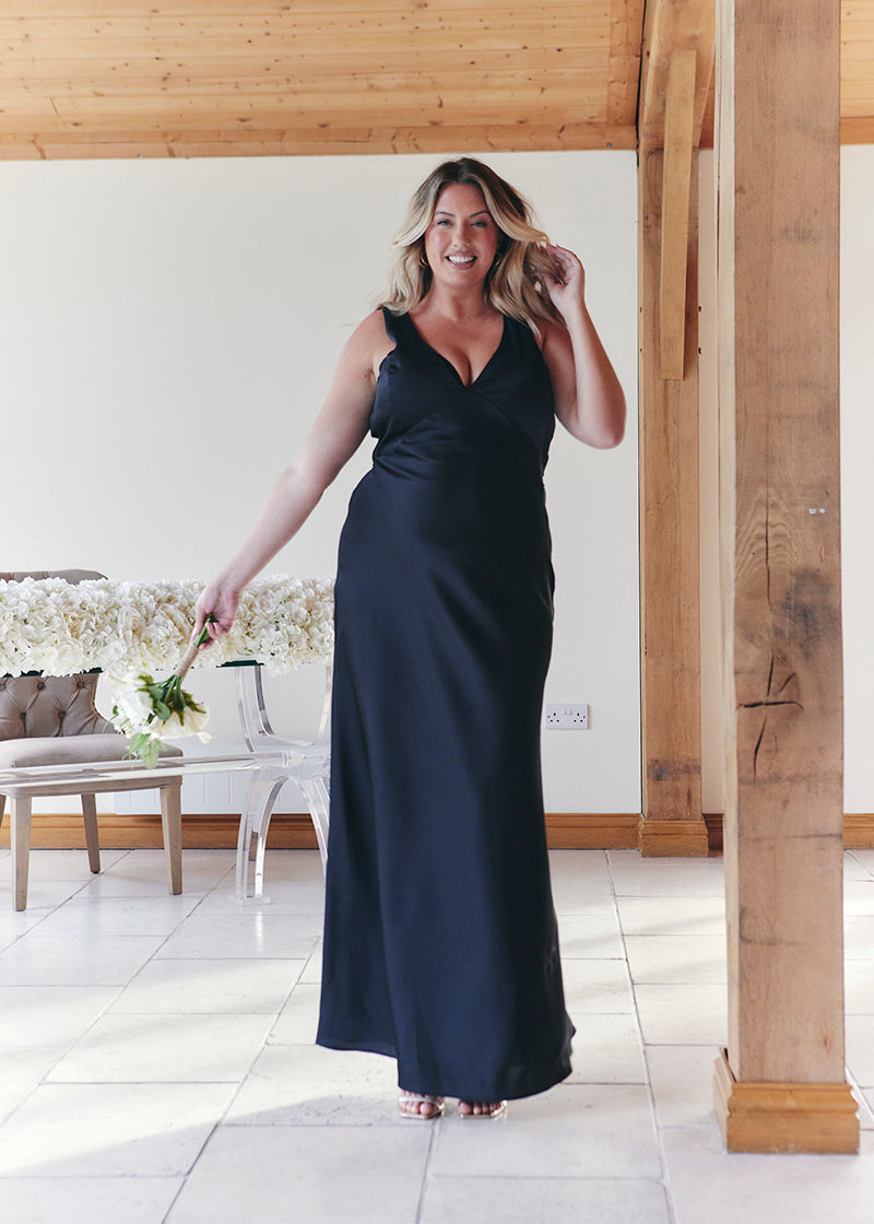 Black Satin Twist Back Maxi Dress