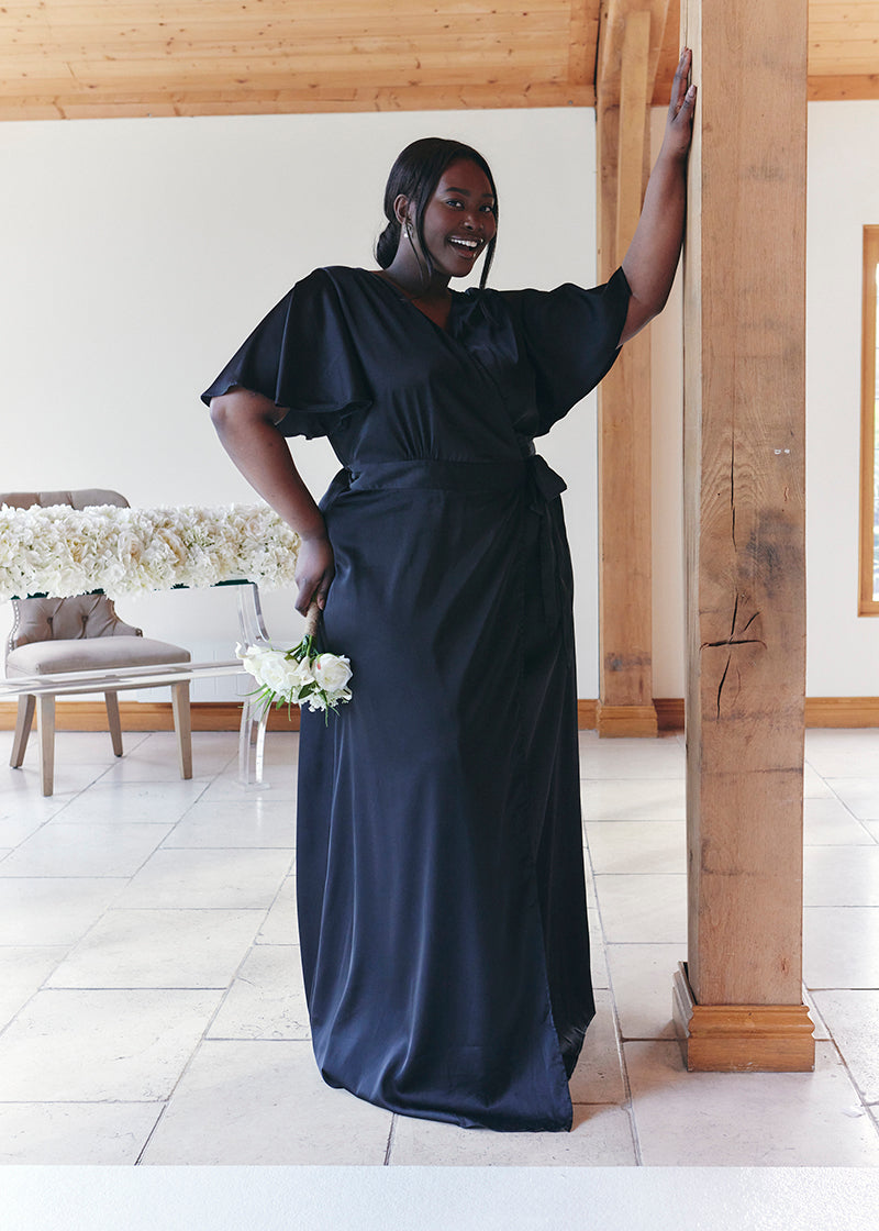 Black Satin Wrap Tie Angel Sleeve Maxi Dress