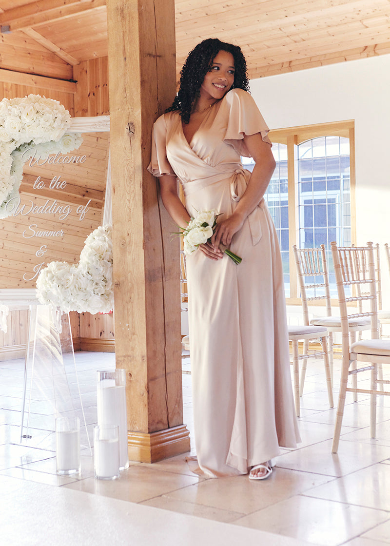 Light Gold Satin Wrap Tie Angel Sleeve Maxi Dress