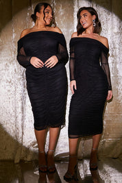 Mesh Bardot Ruched Midi Dress