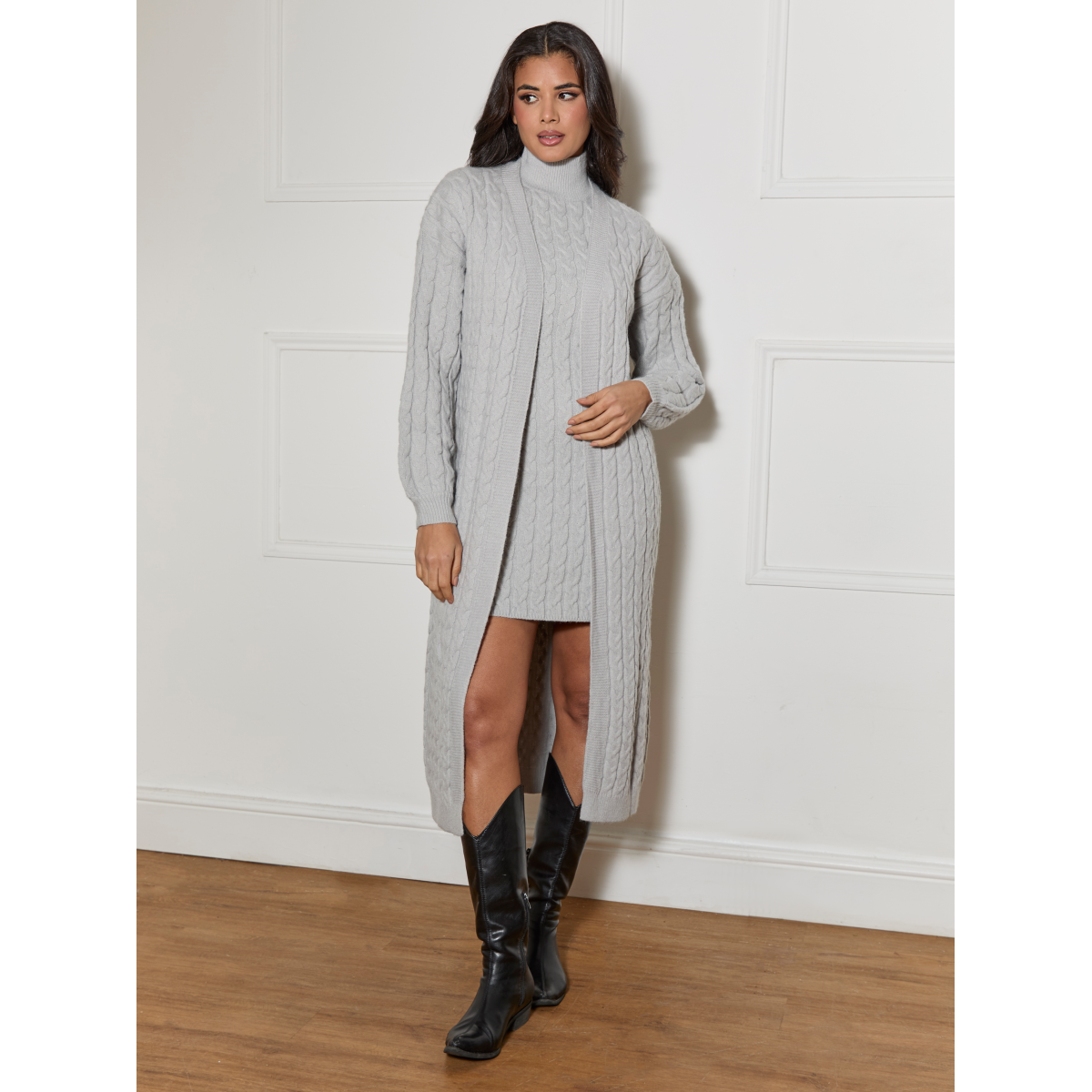 Chi Chi London All-Over Knitted Cable Longline Cardigan in Grey