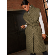 Chi Chi London Diamond Quilted Longline Belted Gilet in Khaki