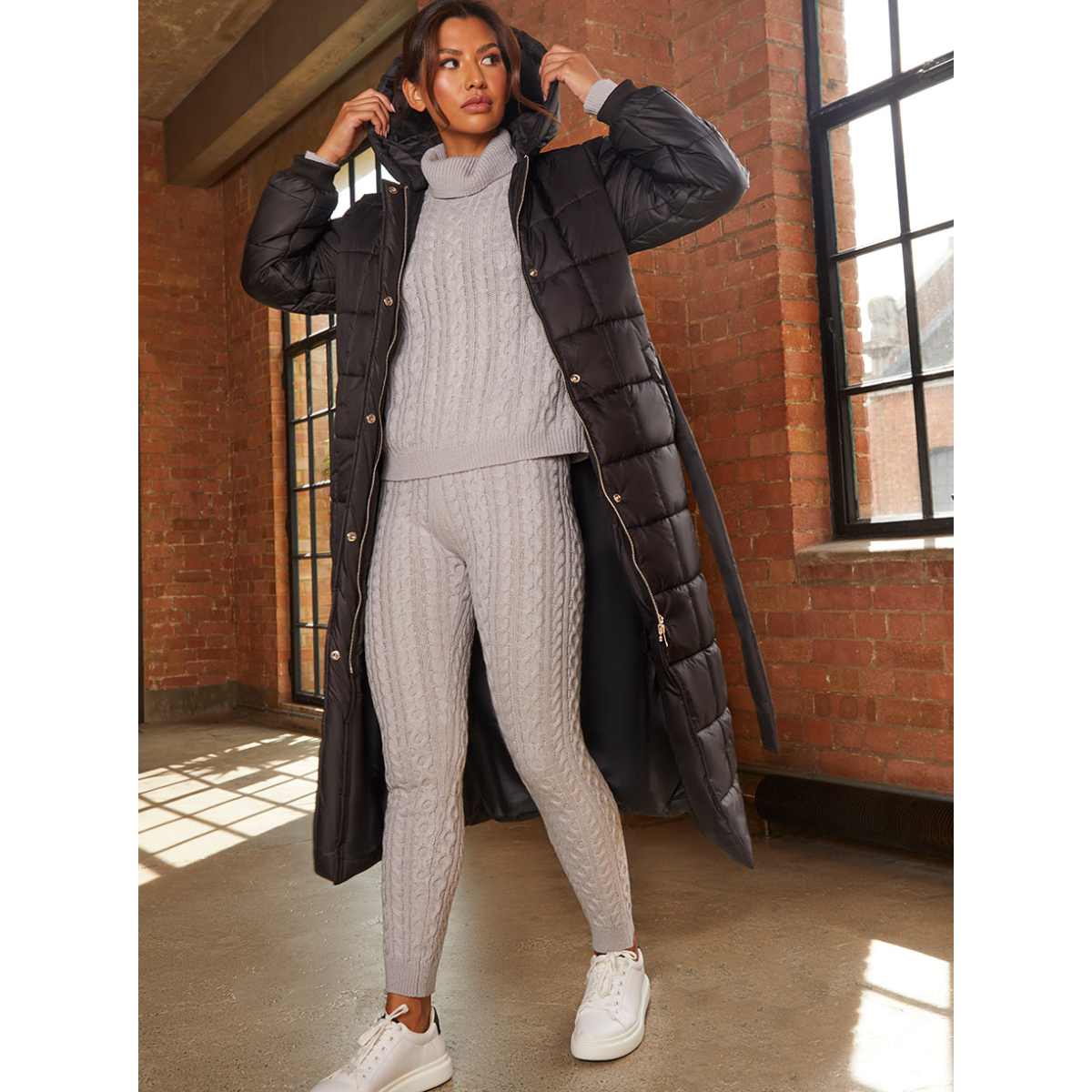 Chi Chi London Check Padded Longline Belted Coat in Black