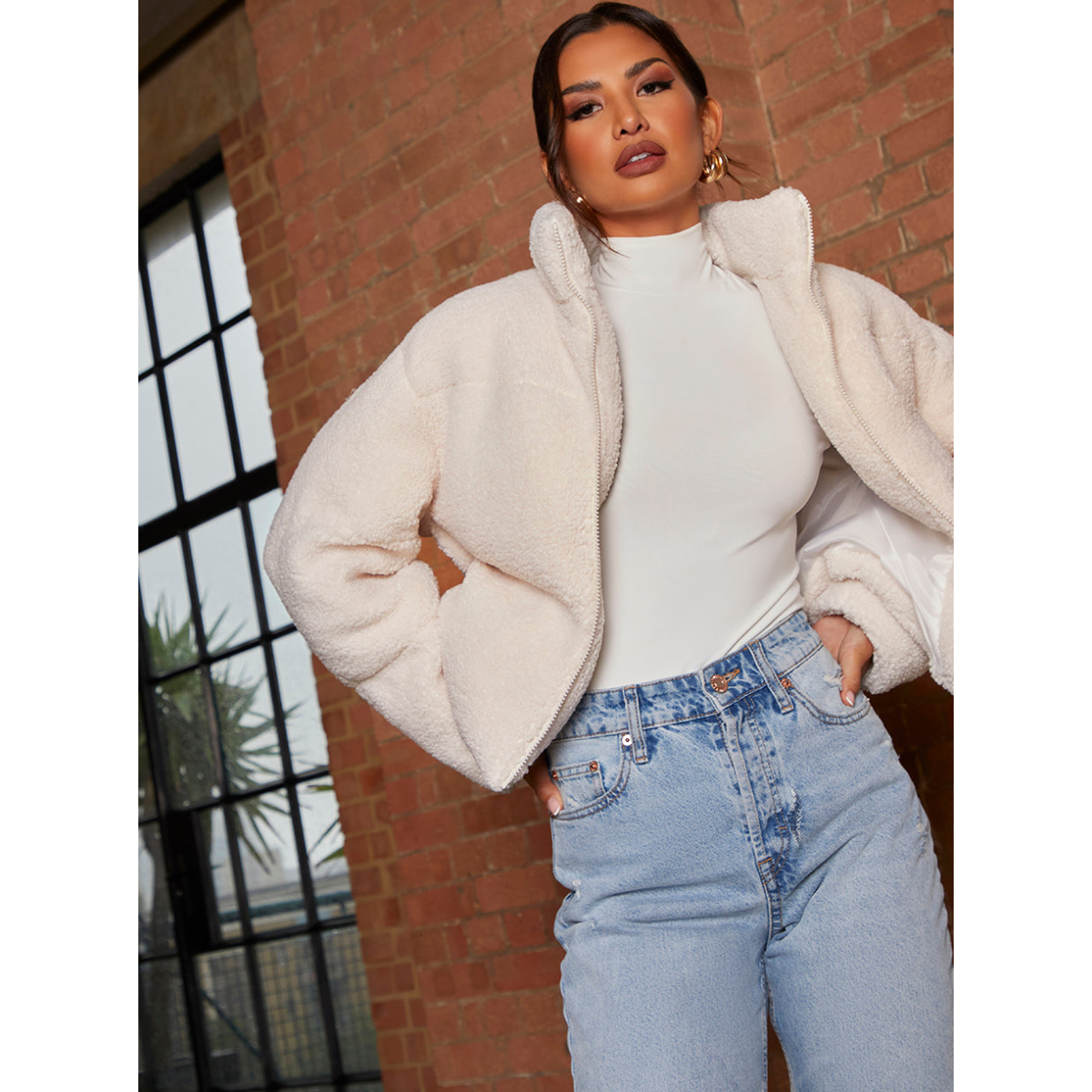 Chi Chi London Short Padded Borg Coat in Cream