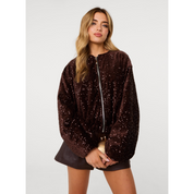 Velvet Sequin Puffball Zipper Jacket
